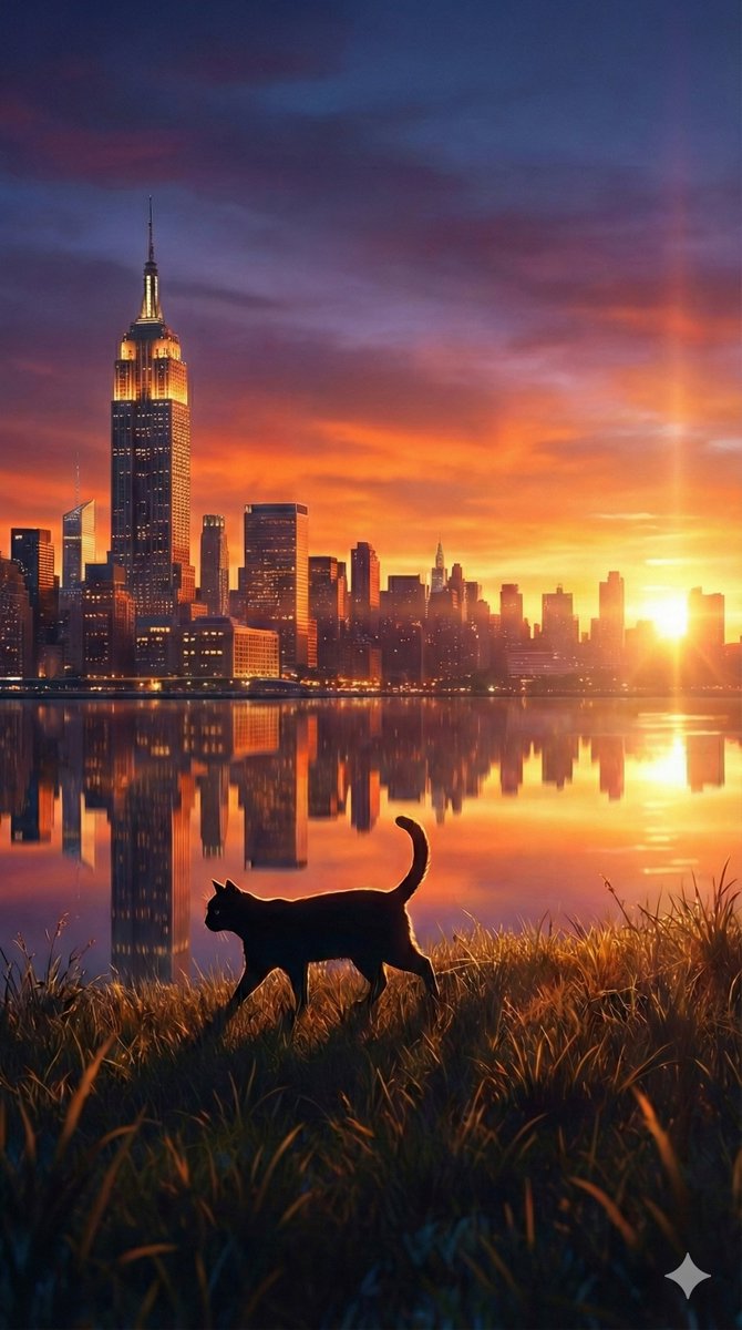 幻想日落景观与黑猫剪影和城市倒影 生成效果示例