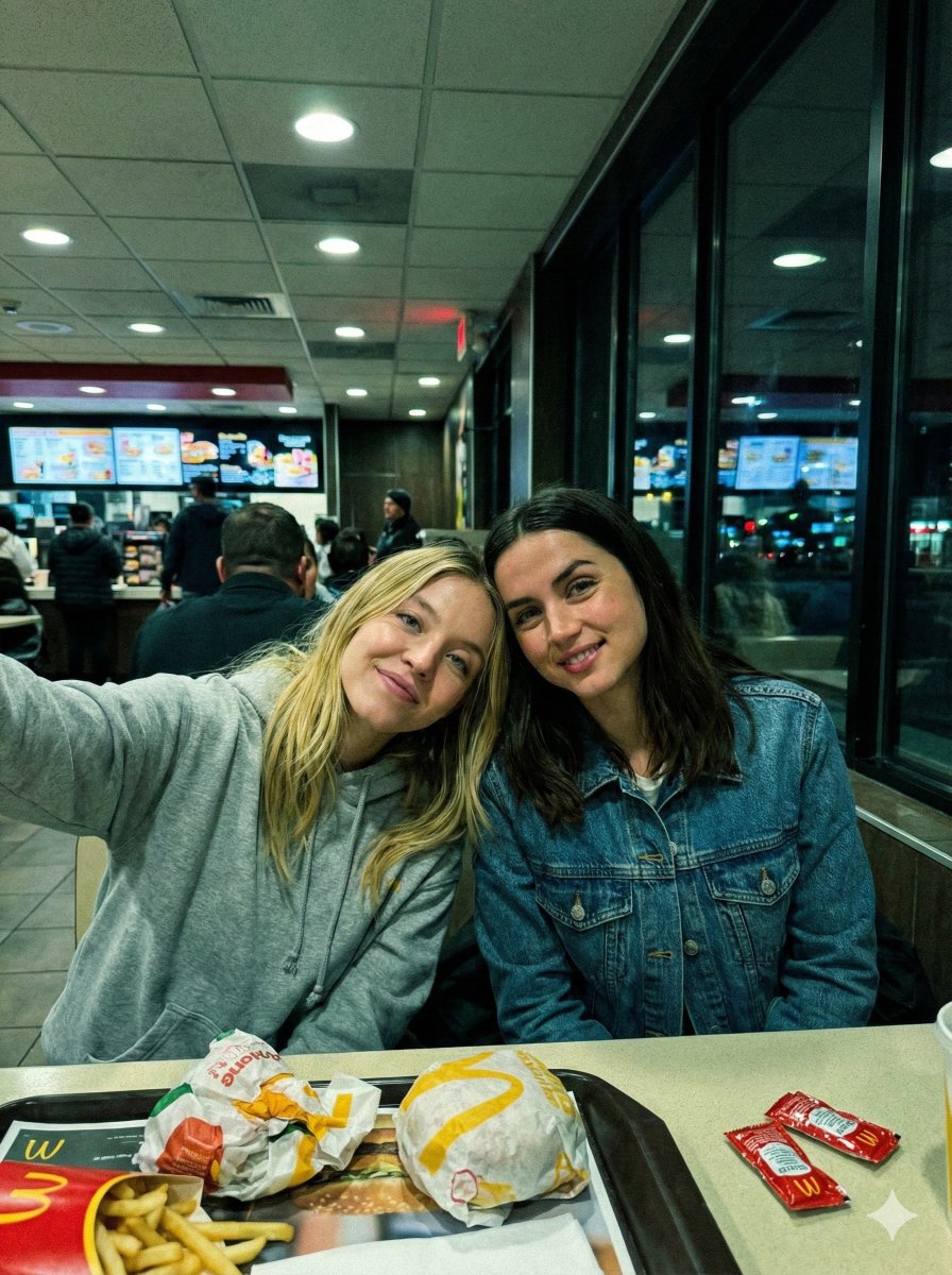 悉尼·斯威尼 (Sydney Sweeney) 和安娜·德·阿玛斯 (Ana De Armas) 在麦当劳图片提示 生成效果示例