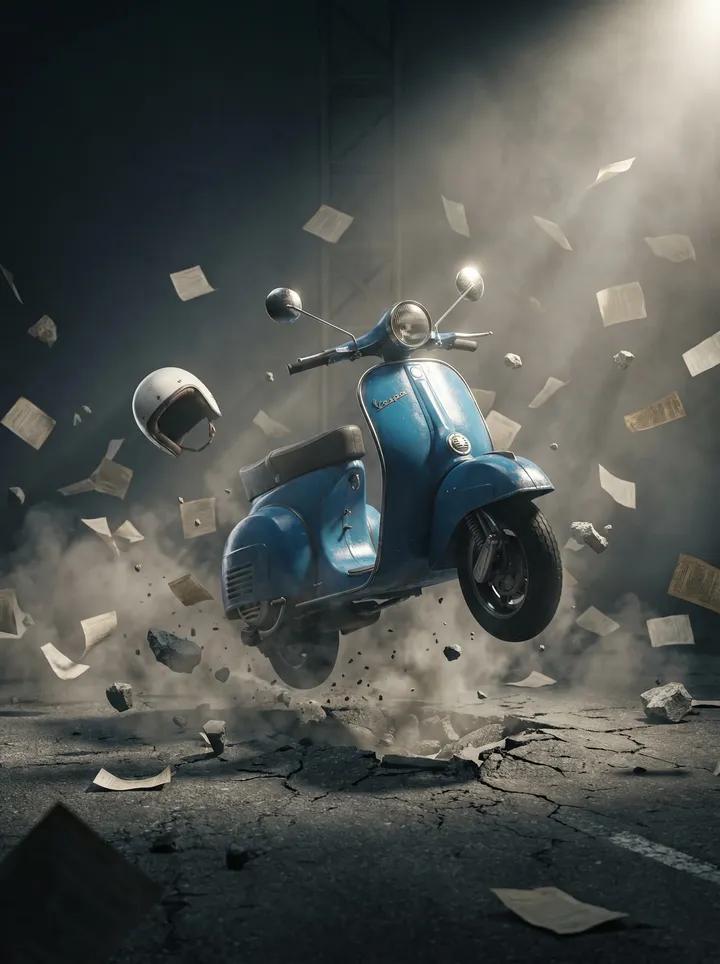 悬浮 Vespa 爆炸场景提示 生成效果示例