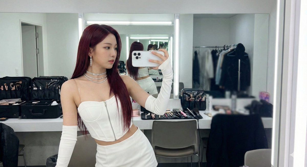 K-Pop 偶像在更衣室对着镜子自拍 生成效果示例