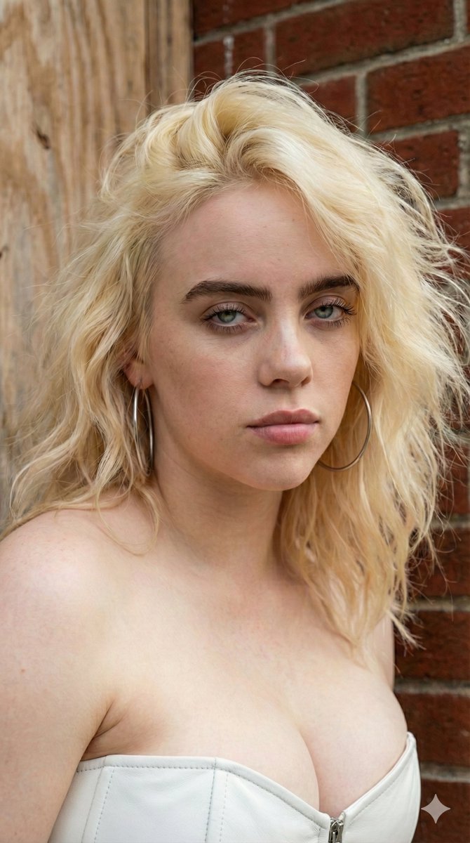 比莉·艾利什 (Billie Eilish) 穿着白色皮革紧身胸衣的 4K 高清照片 生成效果示例