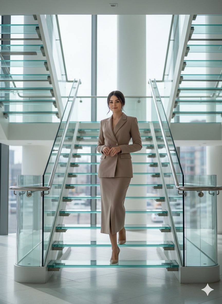 玻璃楼梯上的女人的豪华社论肖像 生成效果示例