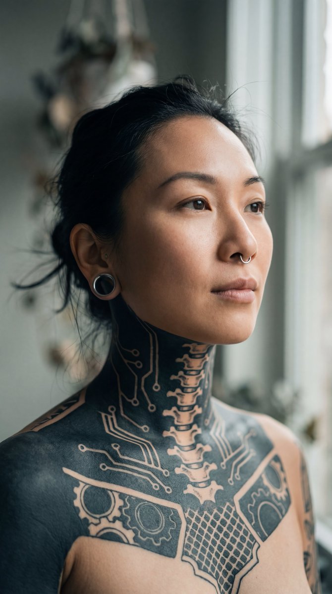 带有大面积遮光纹身的东亚女性亲密肖像 生成效果示例