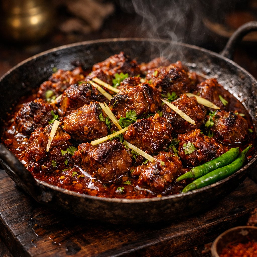 电影级 8K 羊肉 Karahi 食品微距拍摄生成效果示例