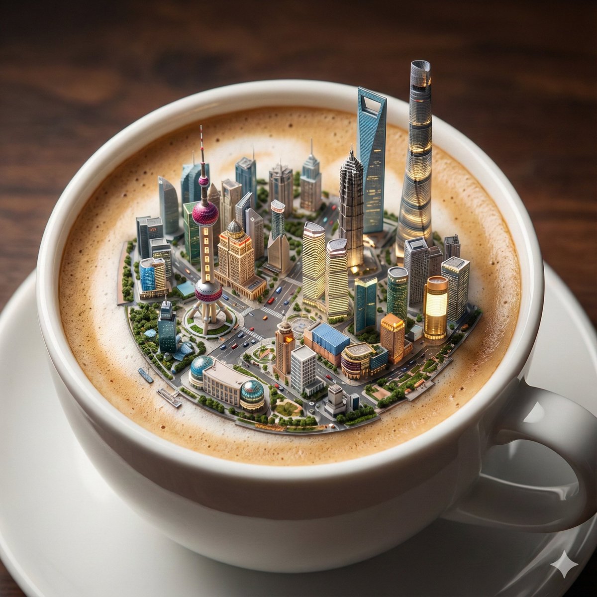 漂浮在咖啡泡沫上的微城 生成效果示例