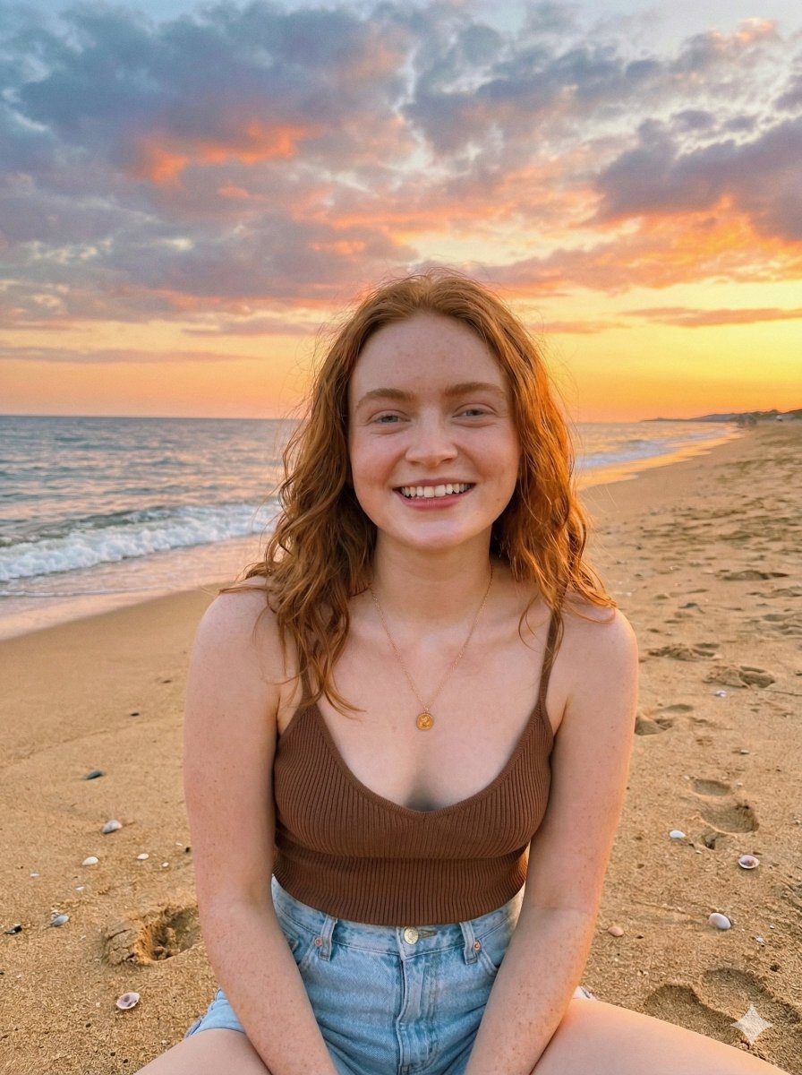 Sadie Sink 海滩日落肖像生成效果示例