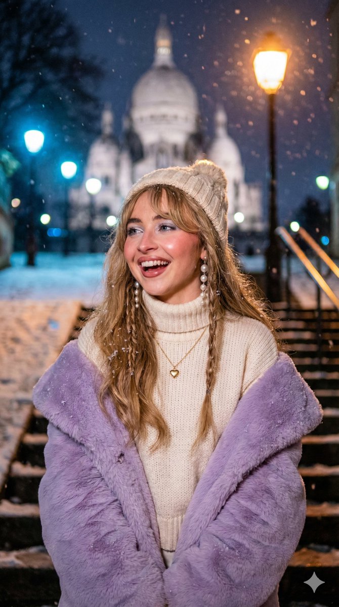 Sabrina Carpenter 灵感的巴黎雪景肖像（全身） 生成效果示例