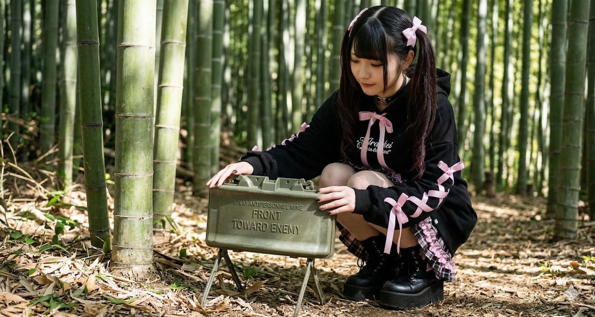 竹林中拿着双刃剑的自来系女孩 生成效果示例