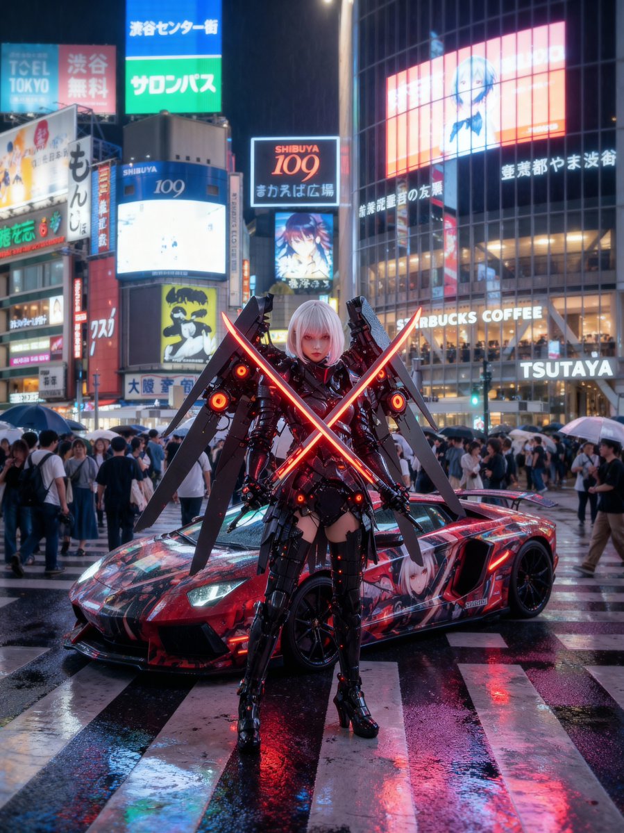在涩谷十字路口与痛车的 Cosplayer 生成效果示例