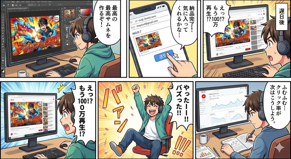 YouTube 缩略图创建工作流程的五格漫画 生成效果示例