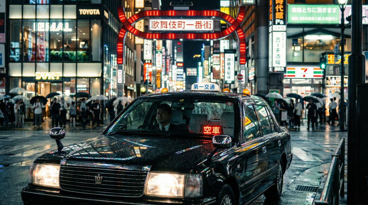 夜晚雨夜歌舞伎町的电影出租车 生成效果示例