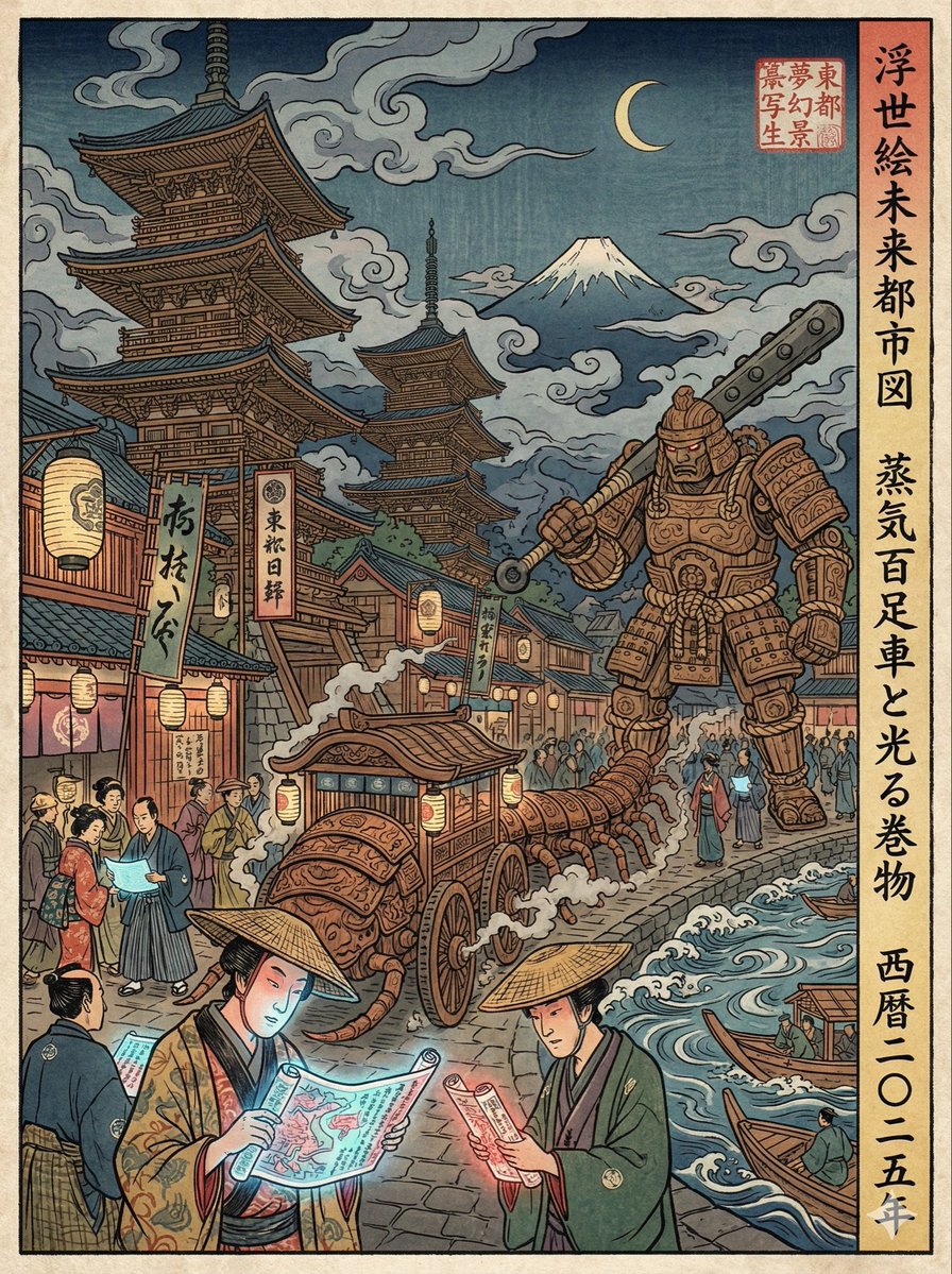 江户时代浮世绘现代场景的重新诠释生成效果示例