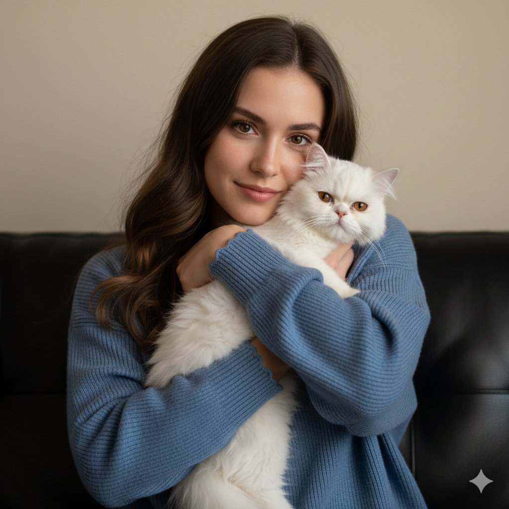 拥抱波斯猫的女人的超写实肖像 生成效果示例