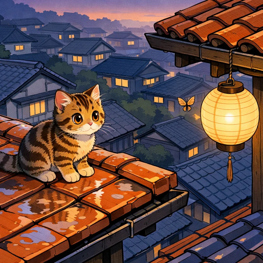 被雨打湿的屋顶上的虎斑小猫 生成效果示例