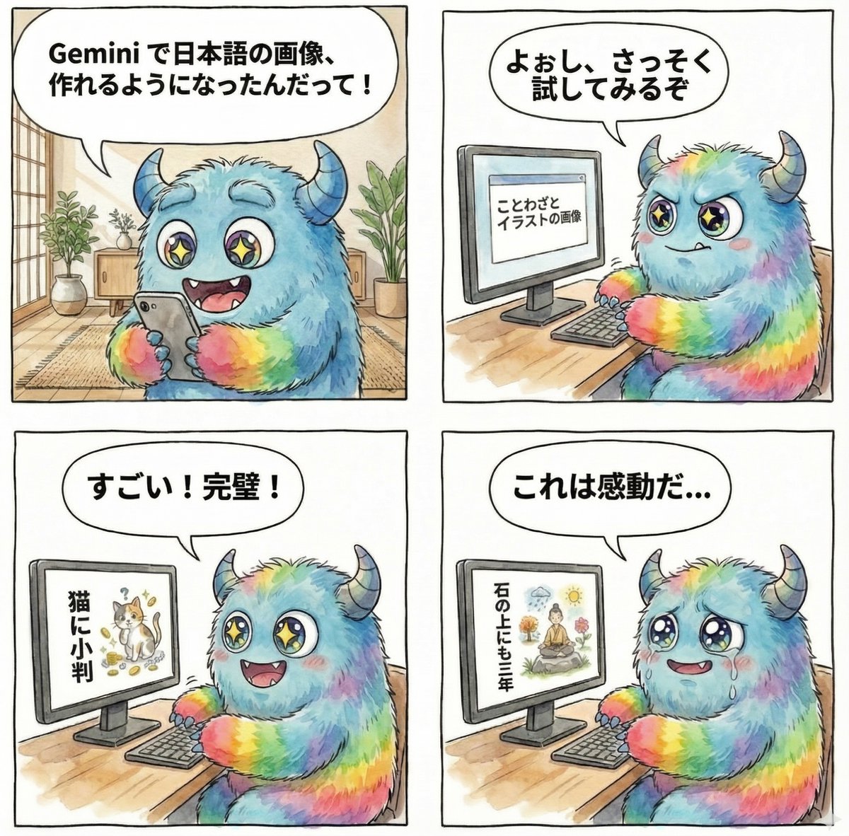 关于双子座生成日语文本图像的四格漫画 生成效果示例