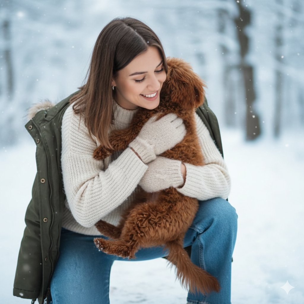 在公园里拥抱贵宾犬的坦率肖像生成效果示例