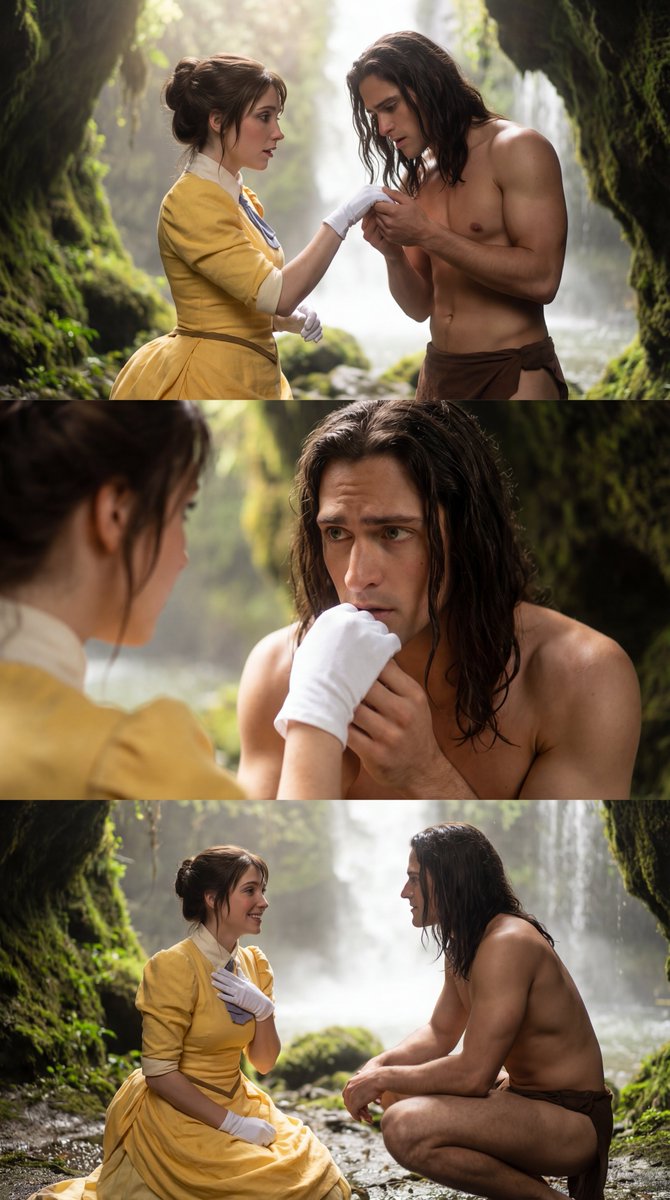Tarzan 和 Jane Cosplay 瀑布三联画提示 生成效果示例