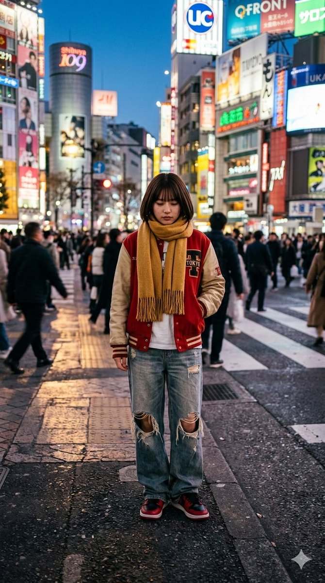 真实街拍提示：涩谷的复古时尚女孩 生成效果示例