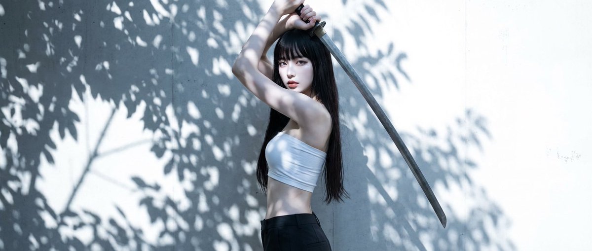 高对比度日本美女肖像与武士姿势 生成效果示例