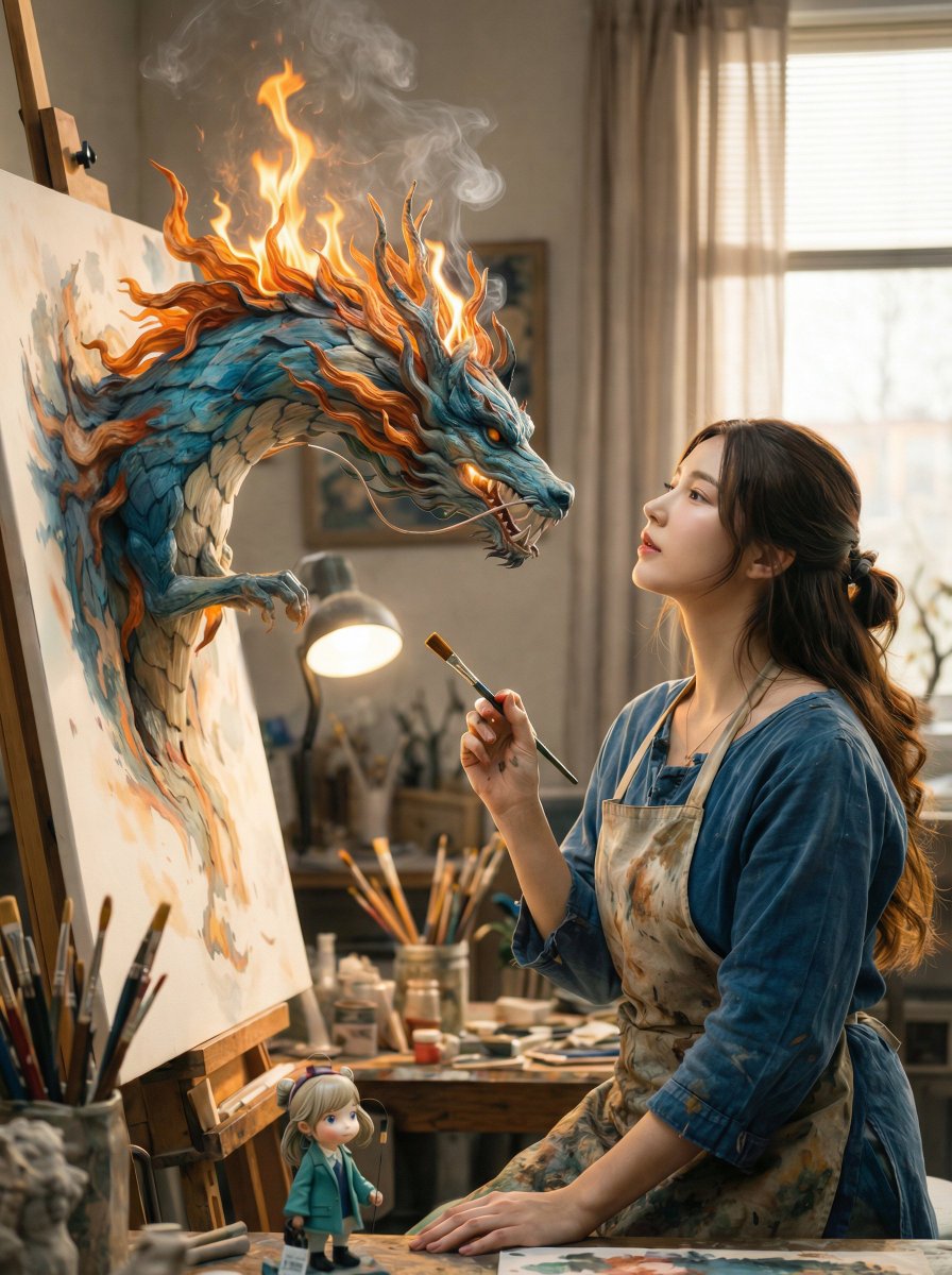 魔幻现实主义：龙从画布中出现 生成效果示例