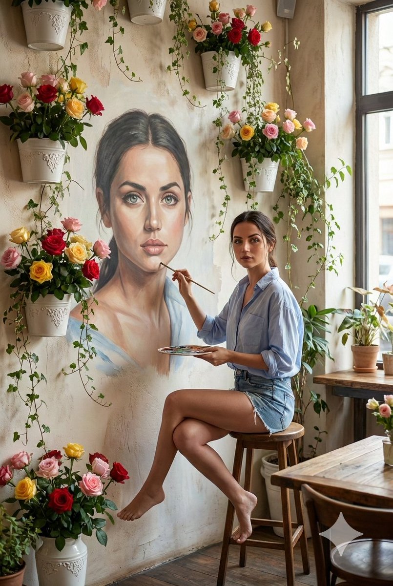 Ana de Armas 为自己画一幅写实壁画 生成效果示例