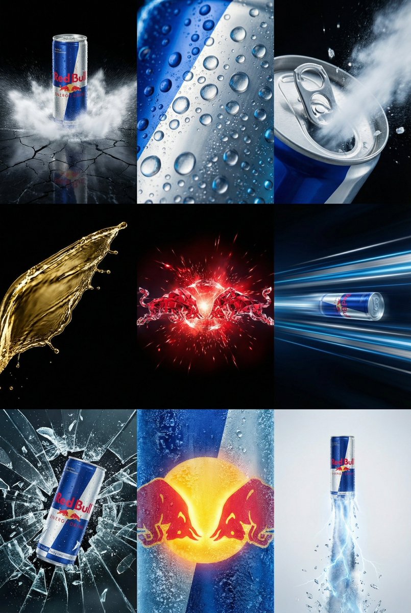 Red Bull Commercial Grid Collage Prompt (JSON) 生成效果示例
