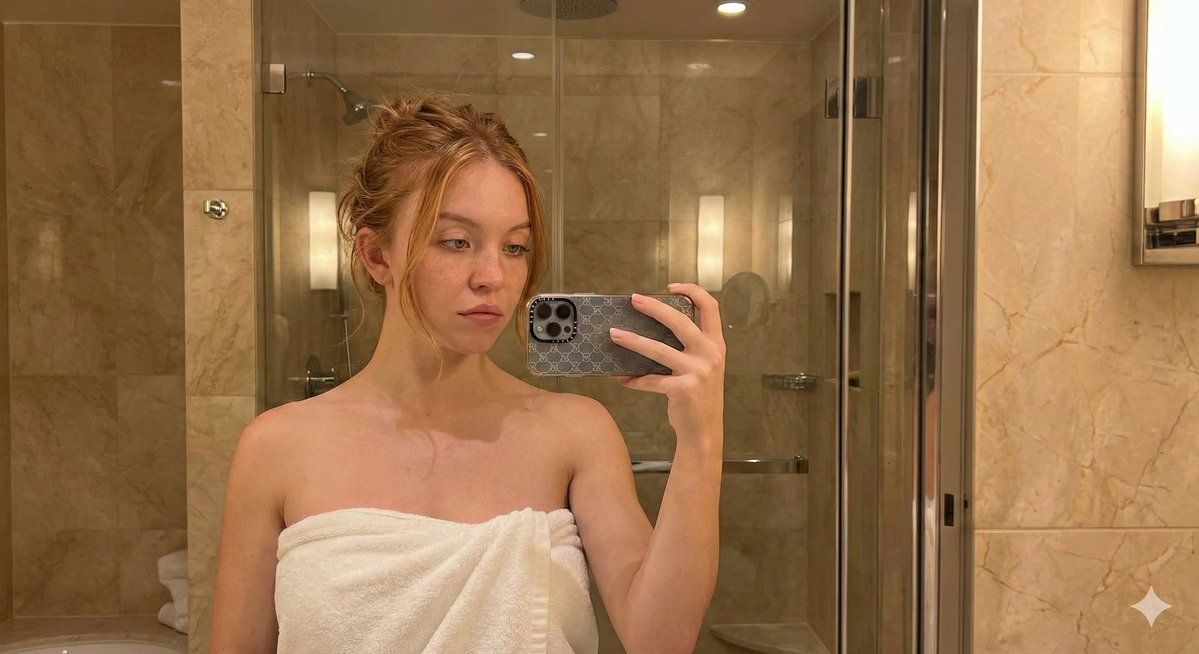 裹着毛巾的悉尼·斯威尼 (Sydney Sweeney) 亲密镜子自拍肖像 生成效果示例