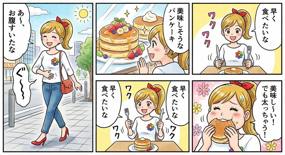关于饥饿的女人和煎饼的四格漫画 生成效果示例