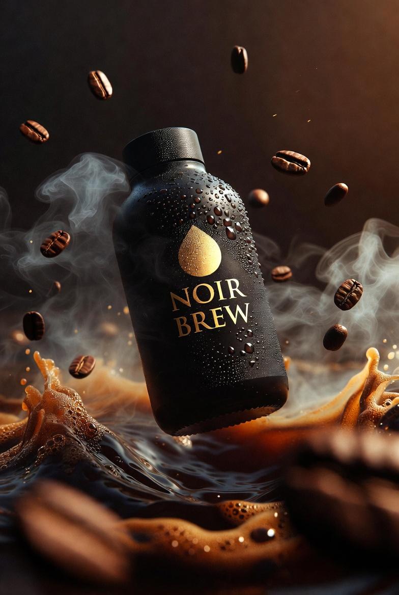 “NOIR BREW”咖啡瓶的超电影产品摄影 生成效果示例