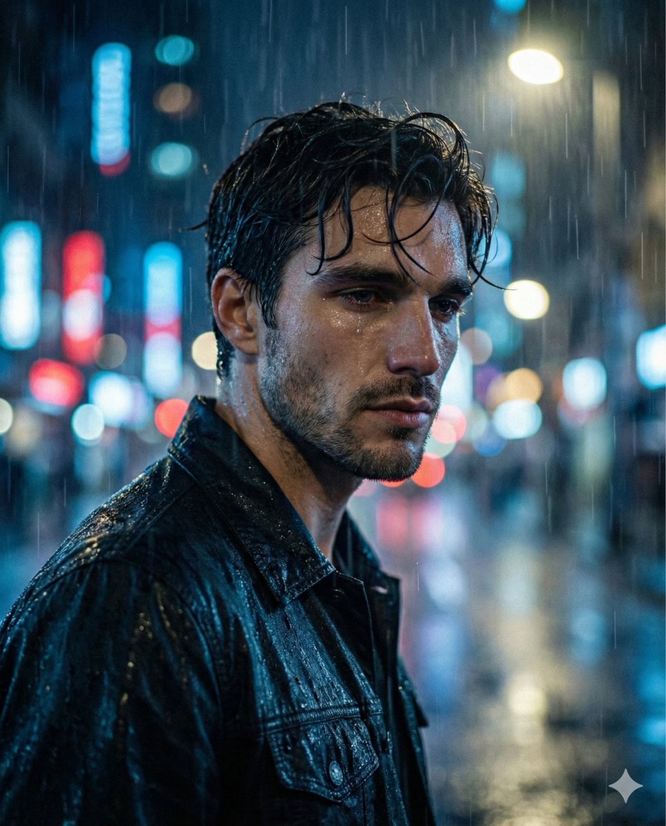 雨中忧郁悲伤的男孩（参考脸） 生成效果示例