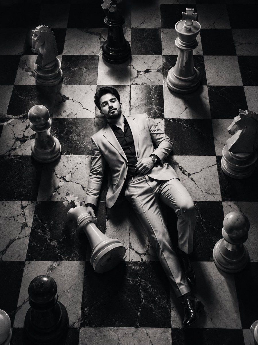 社论黑白棋盘时尚肖像 生成效果示例