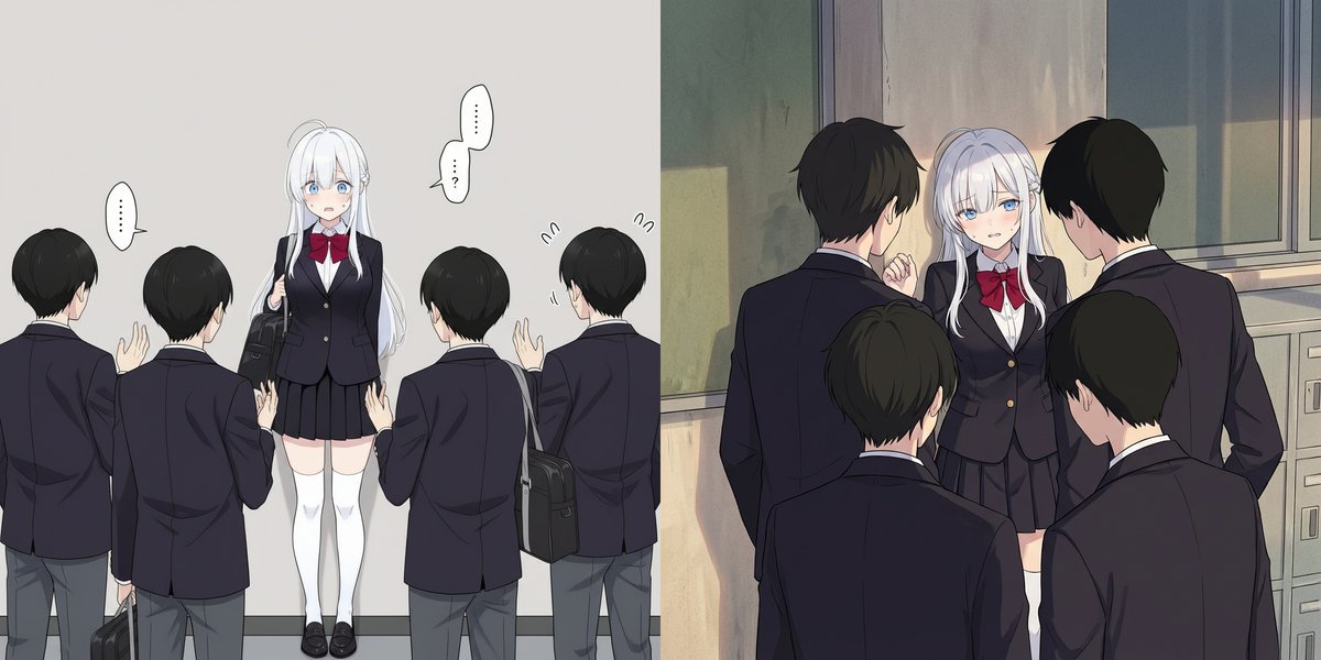 女孩被三名男学生围困生成效果示例