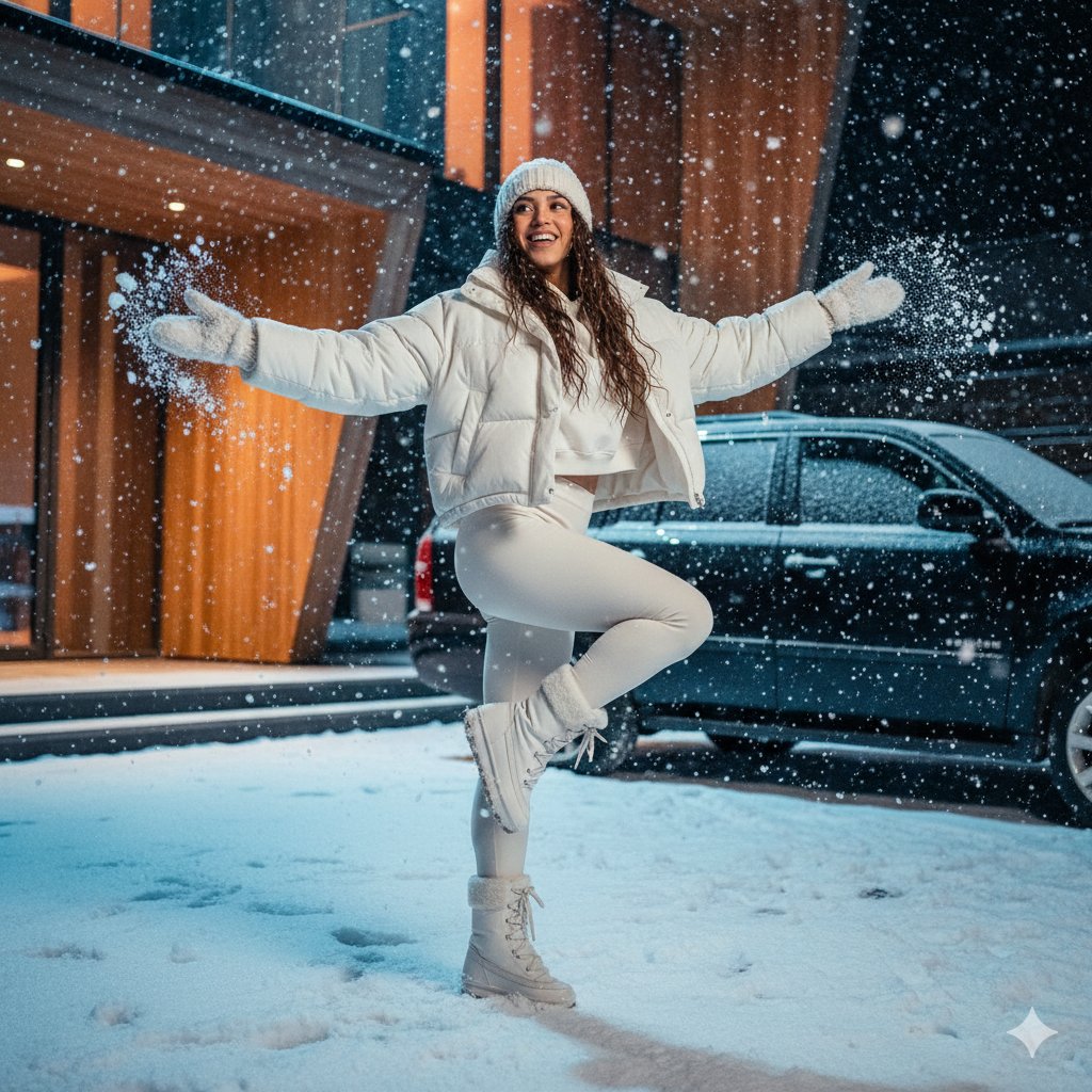 女人在大雪中跳舞的电影时尚照片 生成效果示例