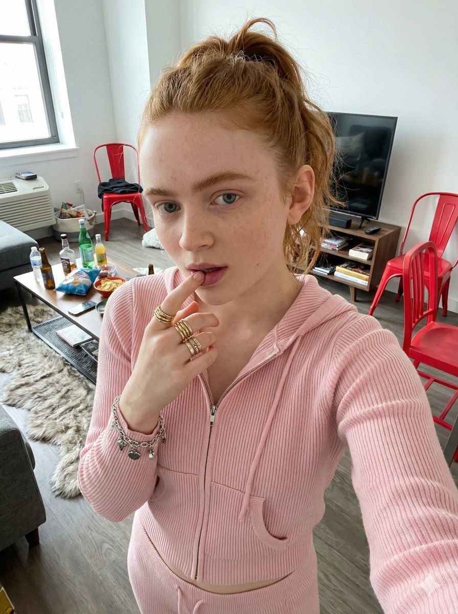 Sadie Sink 穿着家居服自然抓拍自拍提示 生成效果示例