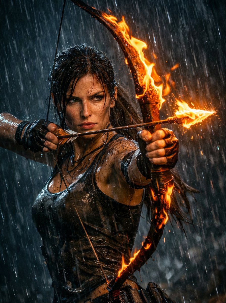 劳拉·克劳馥 (Lara Croft) 在倾盆大雨中用火焰弓生成效果示例