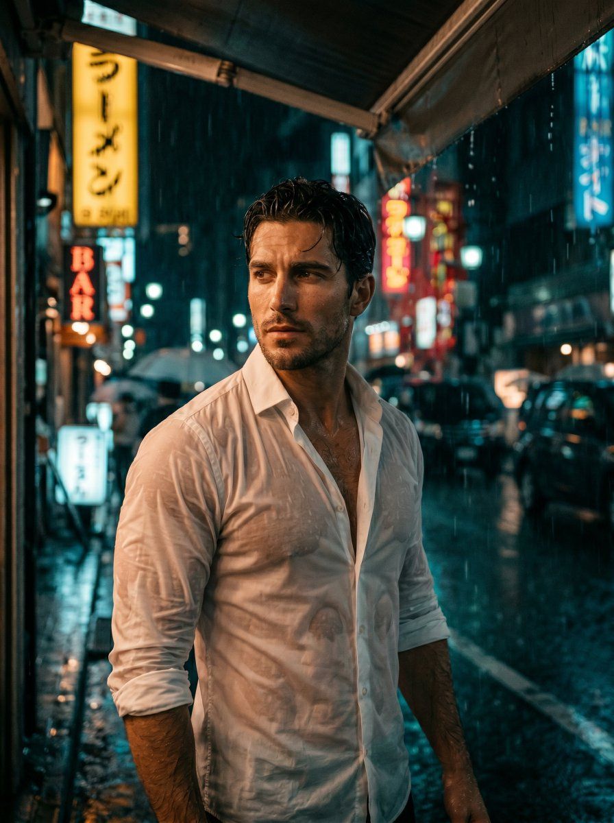 雨夜电影男性肖像 生成效果示例