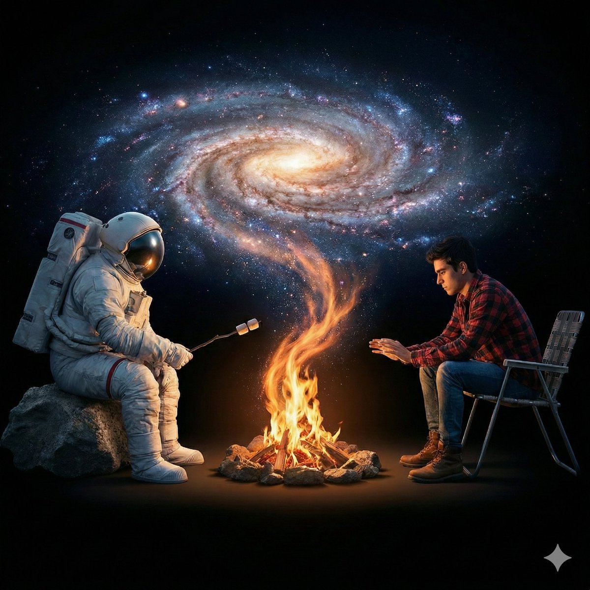宇宙虚空中的超现实电影篝火 生成效果示例