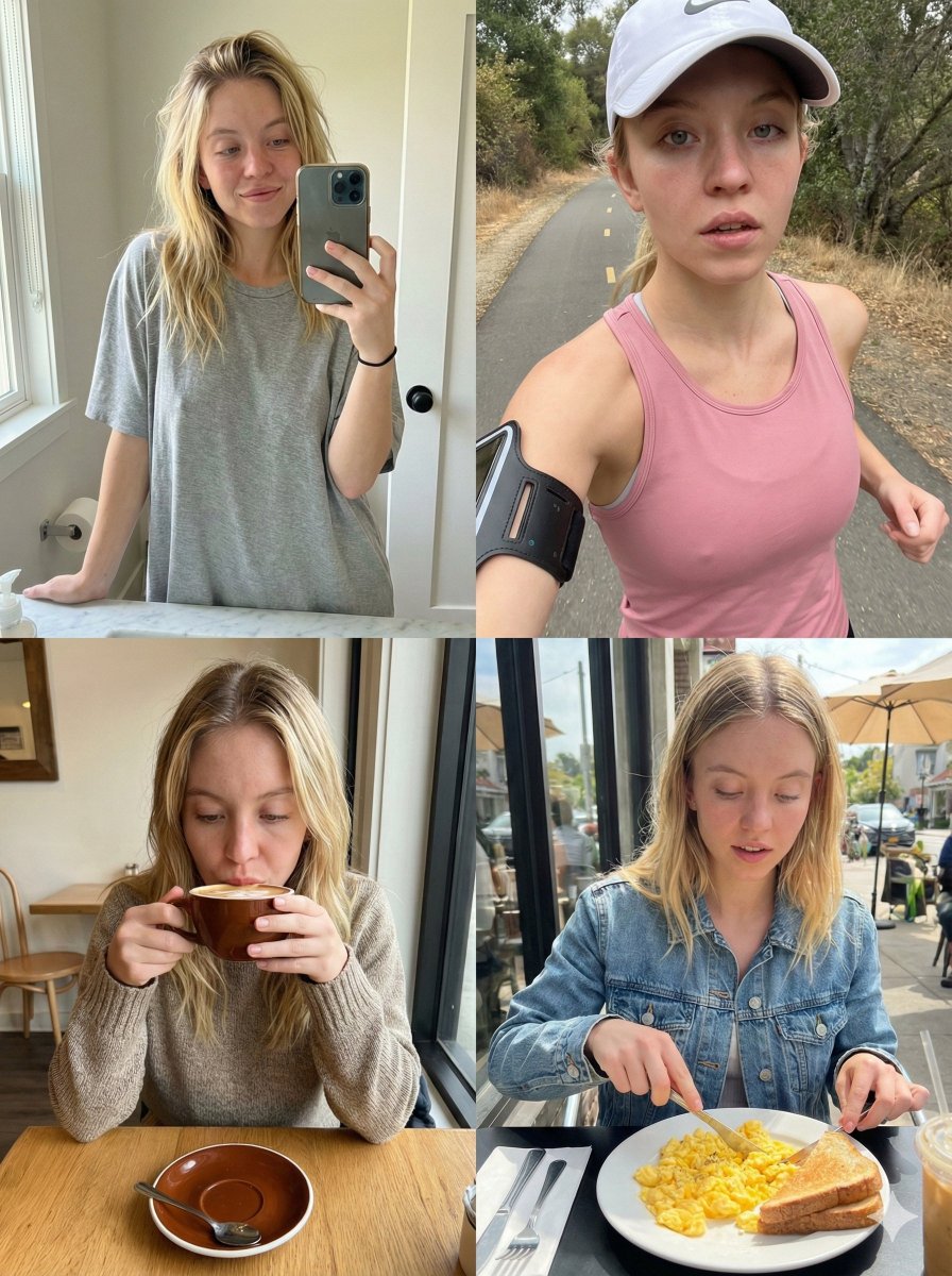 Sydney Sweeney 早晨例行公事 2x2 网格提示 生成效果示例
