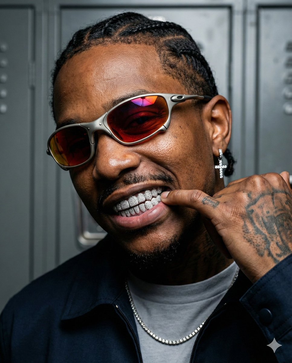 与 Grillz 和 Oakley 合作的高对比度体育社论肖像 生成效果示例