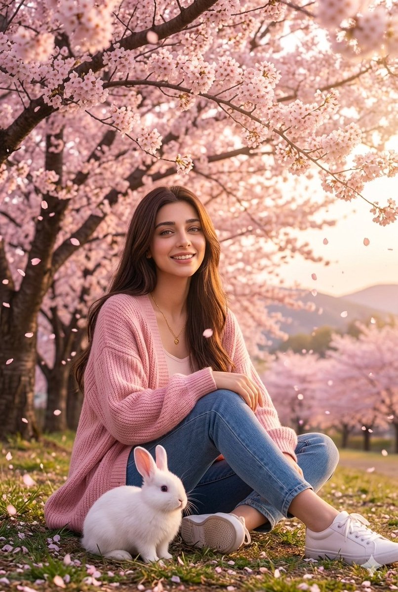 樱花园里带着兔子的女人 生成效果示例