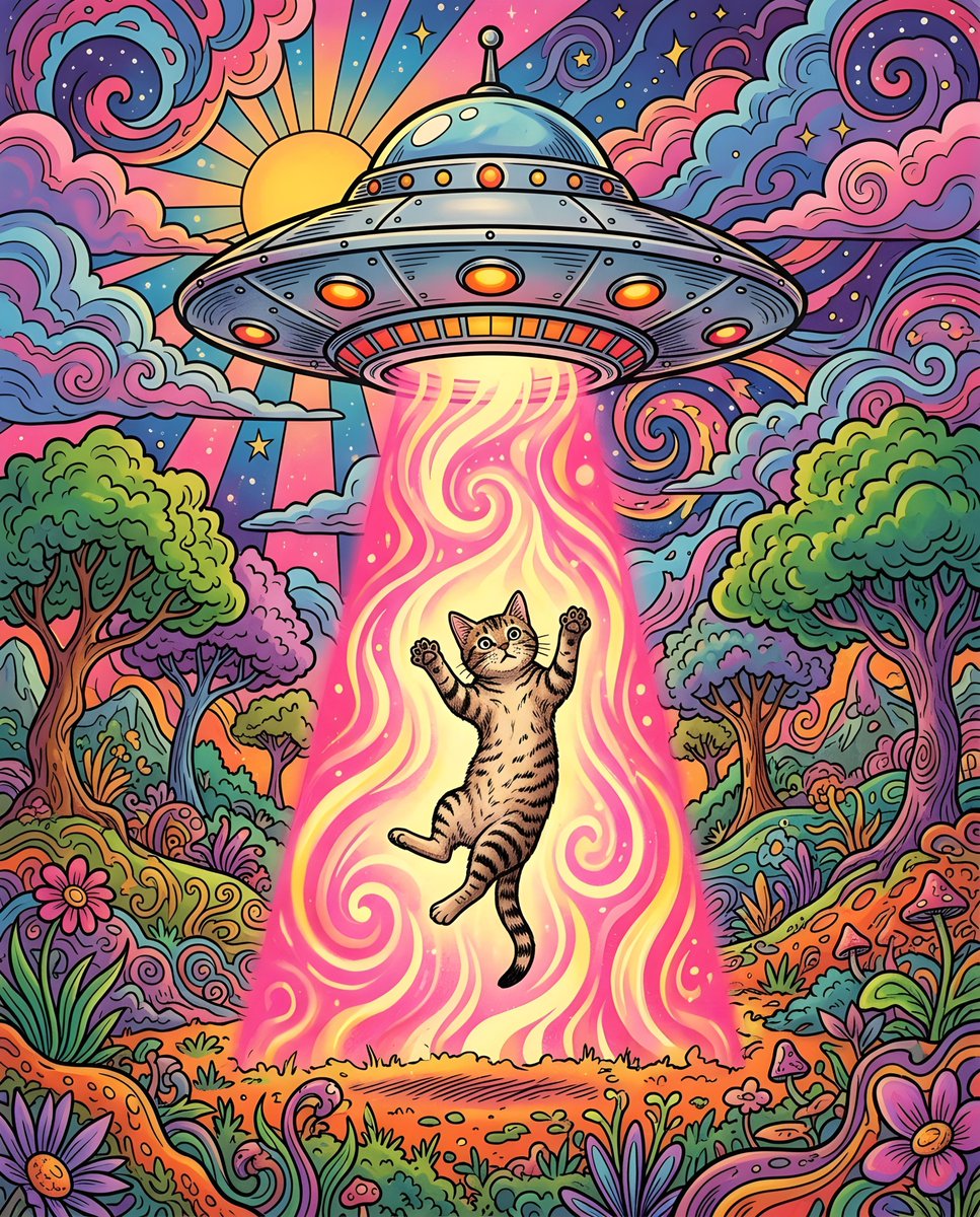 1970 年代迷幻猫 UFO 绑架 生成效果示例