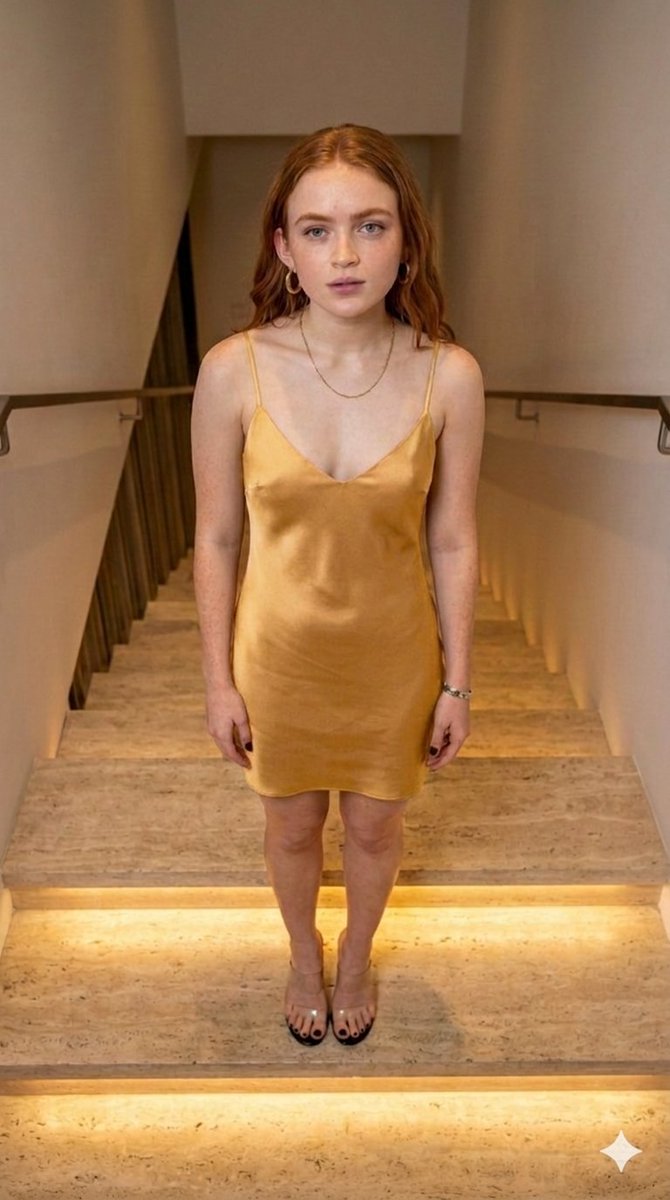 穿着黄色吊带裙的 Sadie Sink 在发光的楼梯上 生成效果示例