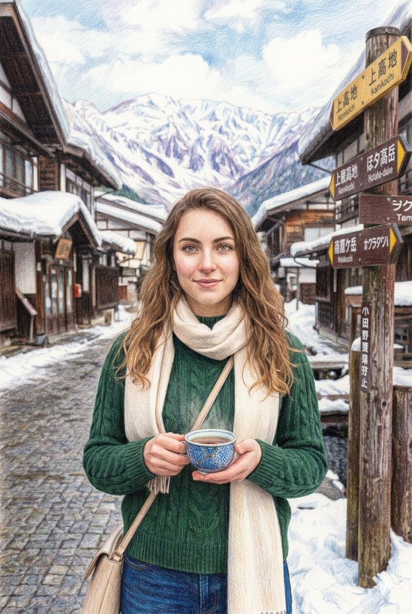 白雪皑皑的日本村庄冬季插画 生成效果示例