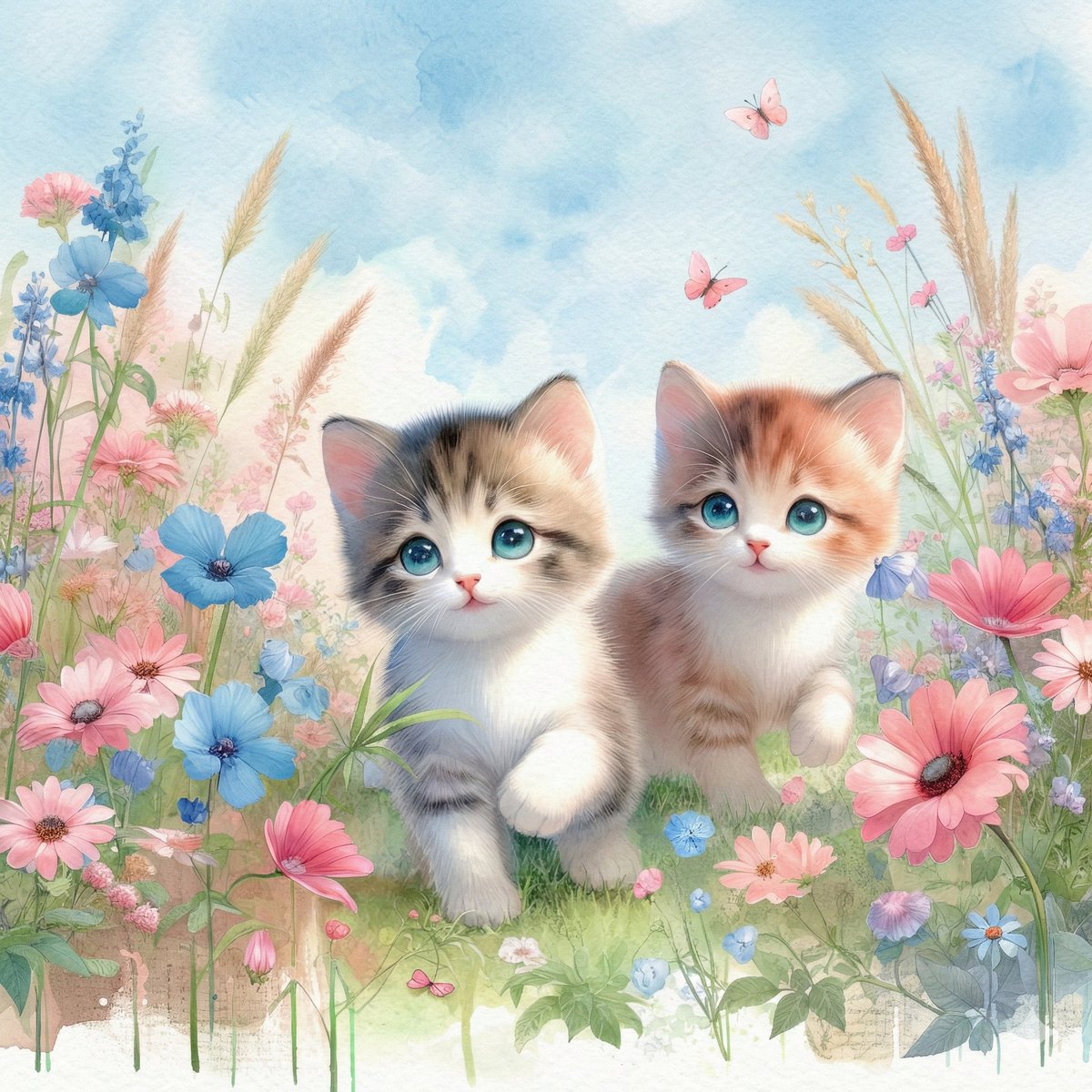 花园里小猫的水彩插图 生成效果示例