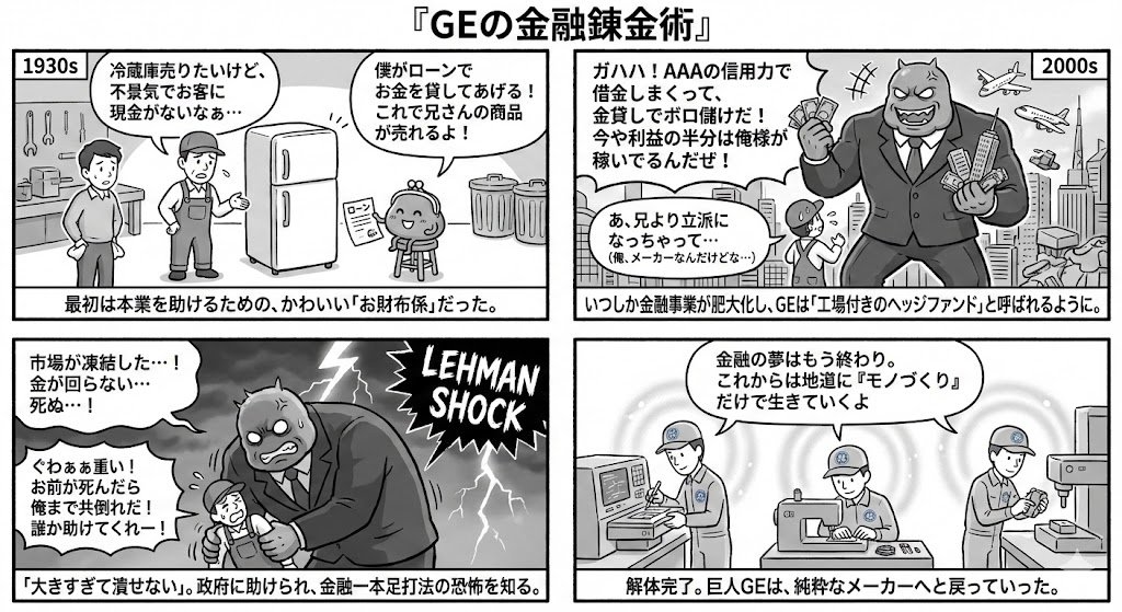 生成有关 GE 财务史的 4 幅漫画 生成效果示例