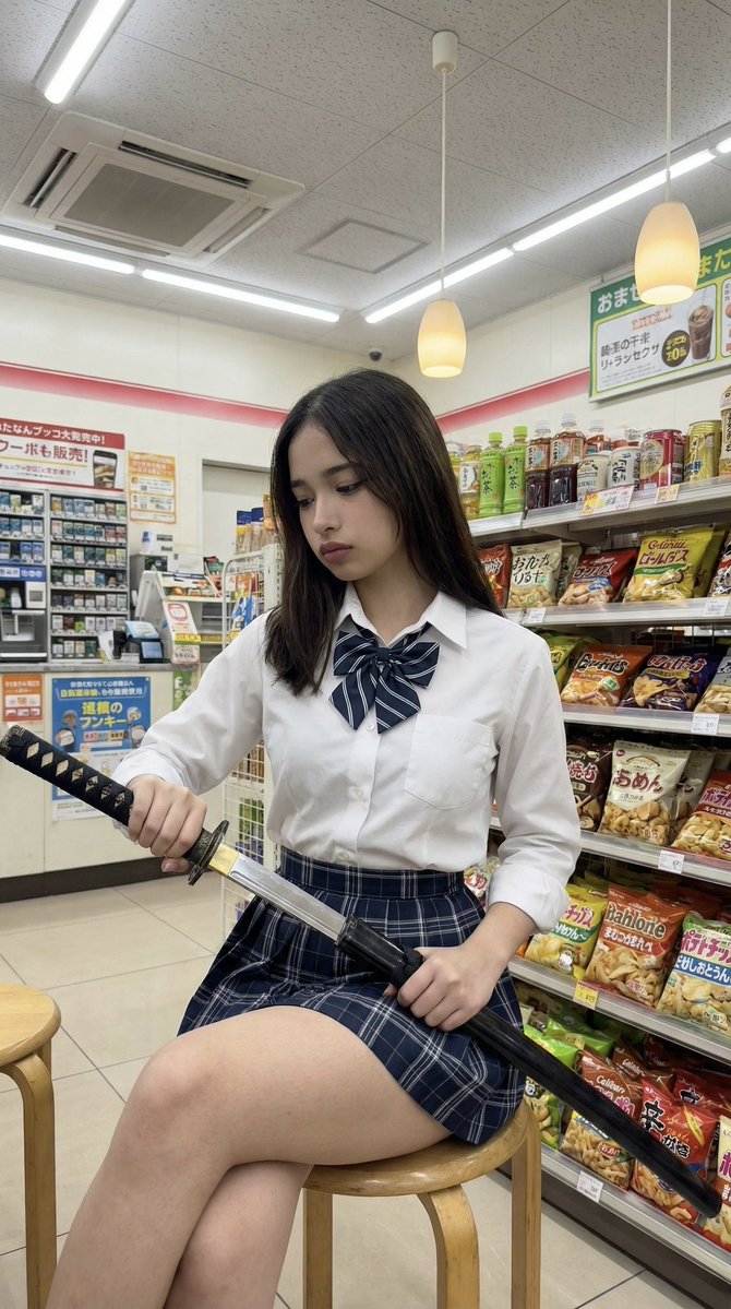 日本便利店肖像与武士刀 生成效果示例