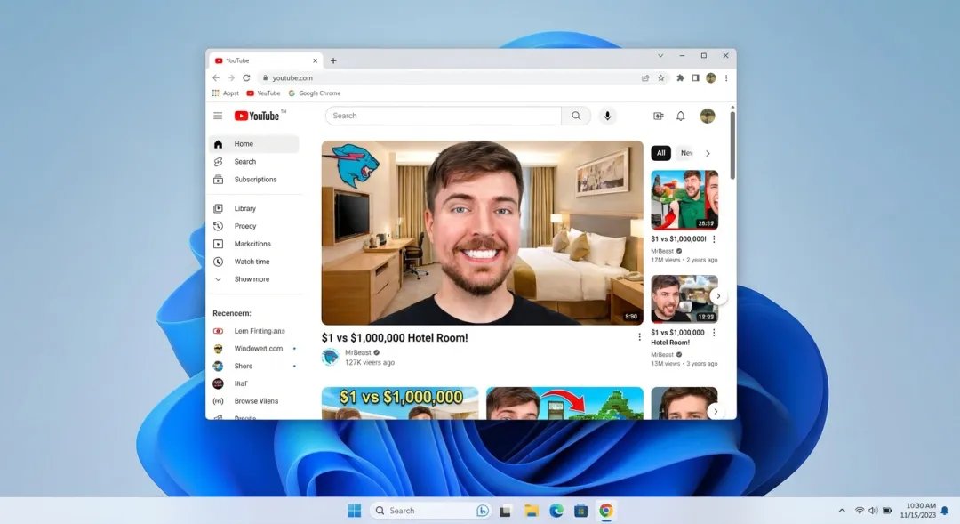 Windows 11 桌面，带有 Chrome 和 YouTube 上的 MrBeast 生成效果示例