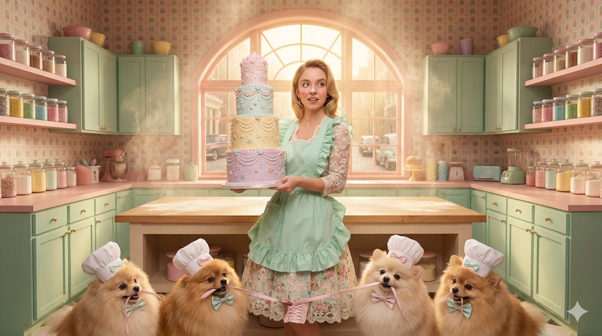 受 Wes Anderson 启发的悉尼 Sweeney 糕点师 生成效果示例