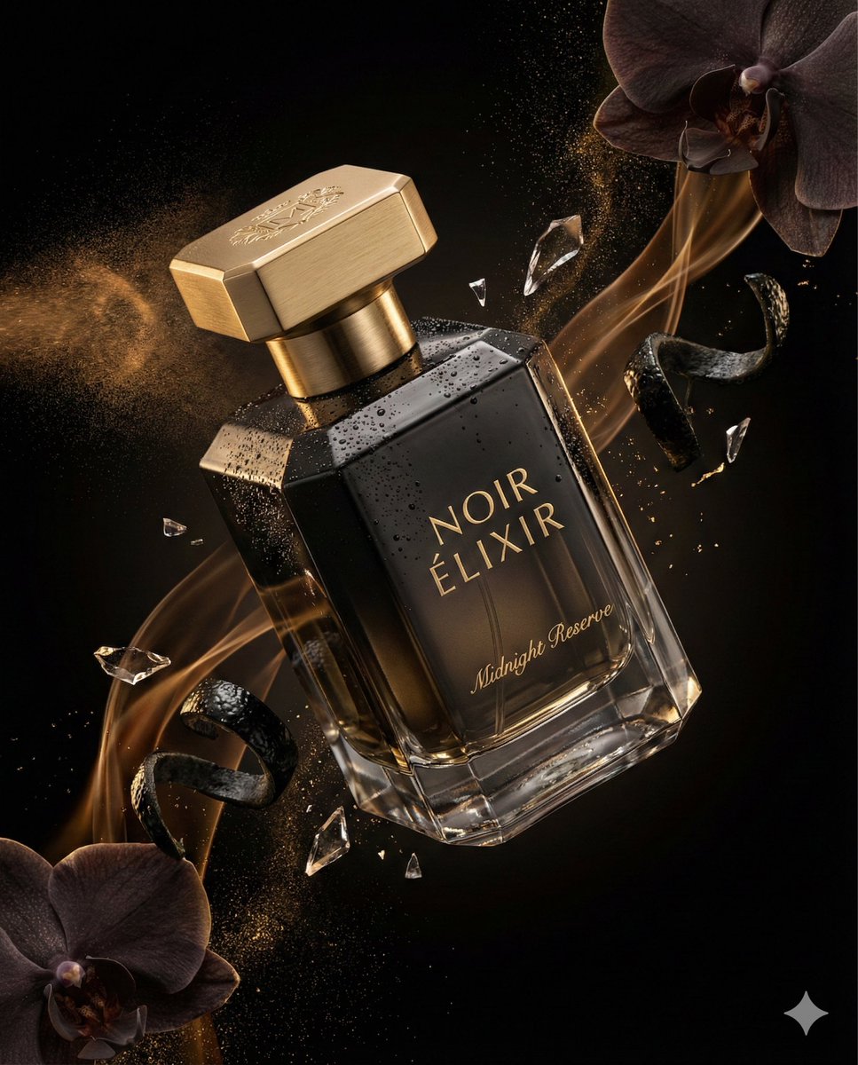 豪华香水商业渲染提示（NOIR ÉLIXIR） 生成效果示例