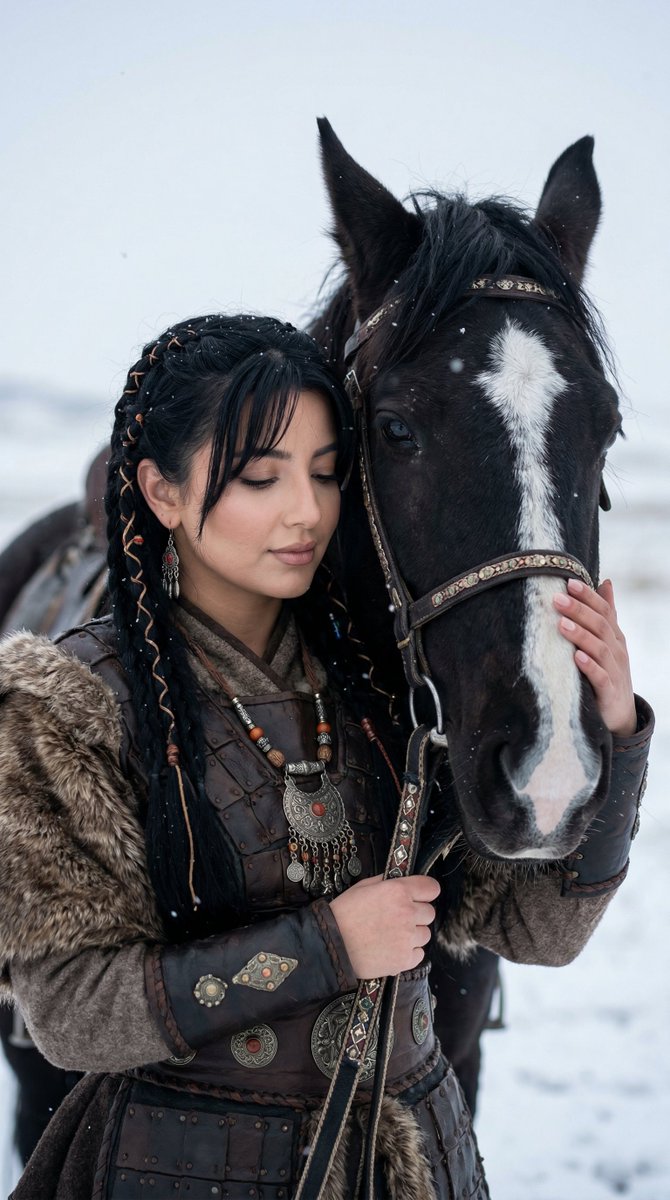 雪中古代突厥女人与马的电影肖像 生成效果示例